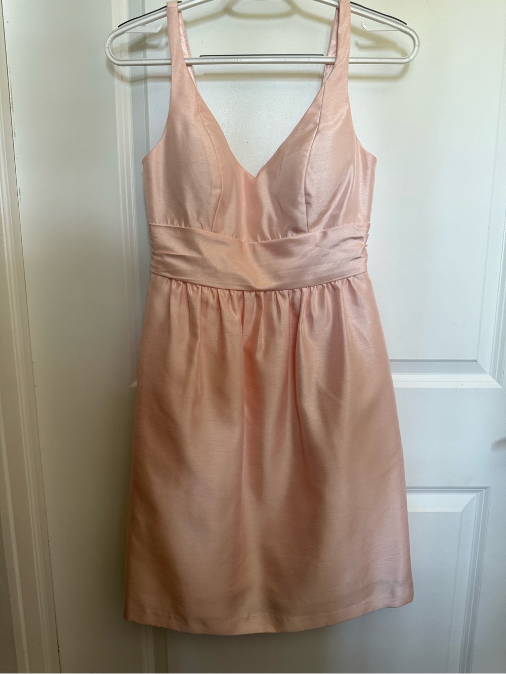 Jenny Yoo Pale Blush Satin V-Neck A-Line Mini Dress